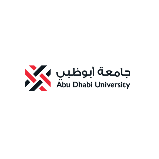 Abu Dhabi University logo featuring Arabic and English text with a red and black geometric emblem