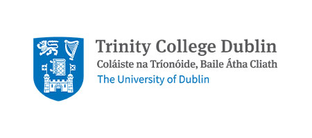 Trinity College Dublin logo with Irish and English text and university crest in blue and white.